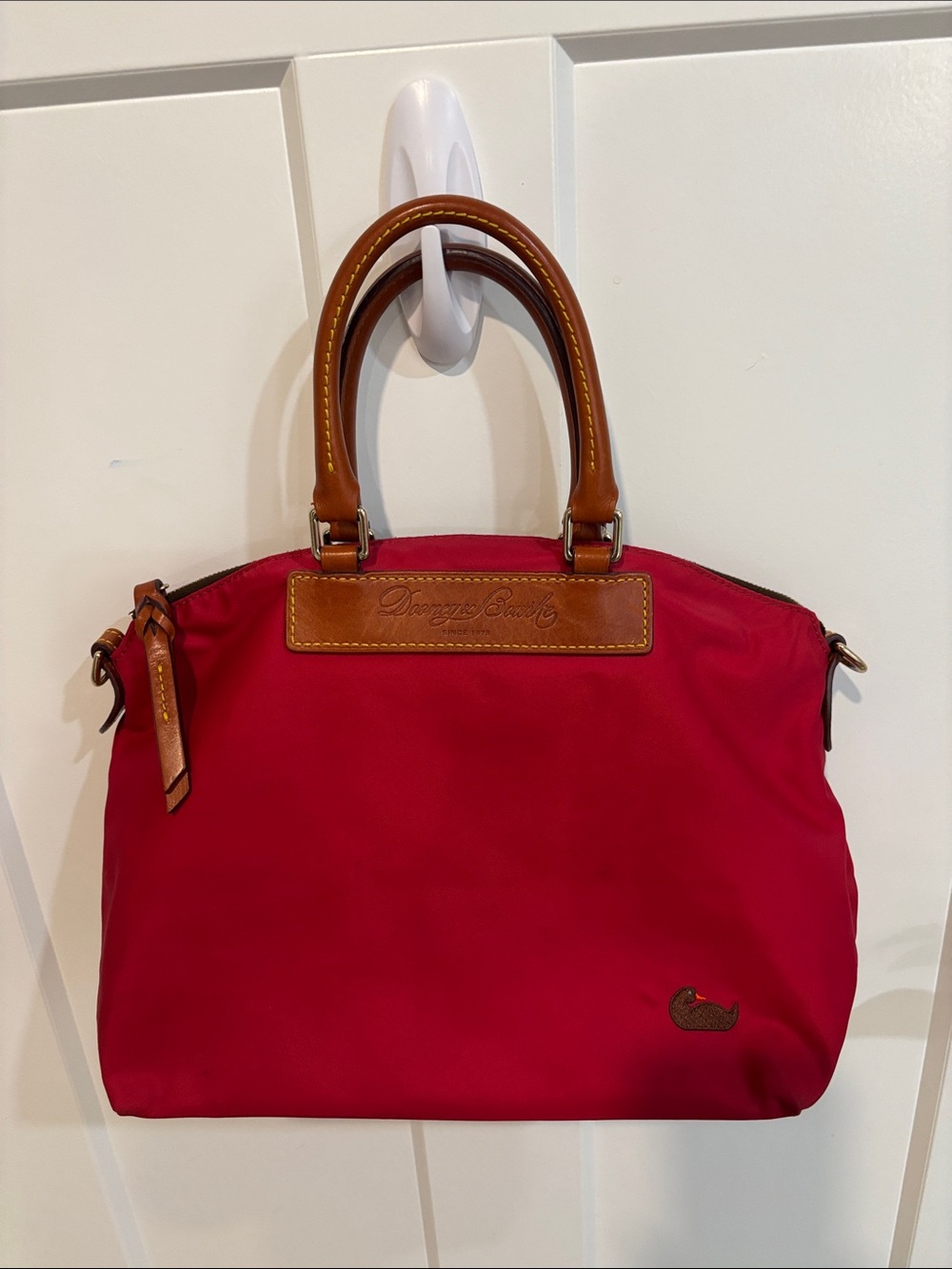 Dooney & Bourke Red Satchel/Shoulder Bag with Brown Leather Handles